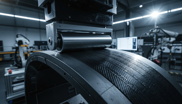 Automated Fiber Placement AFP process pressing carbon fiber tapes on mold