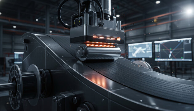 Automated Fiber Placement AFP process pressing carbon fiber tapes on mold