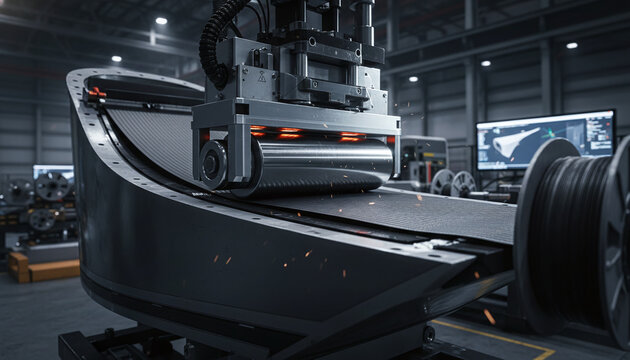 Automated Fiber Placement AFP process pressing carbon fiber tapes on mold