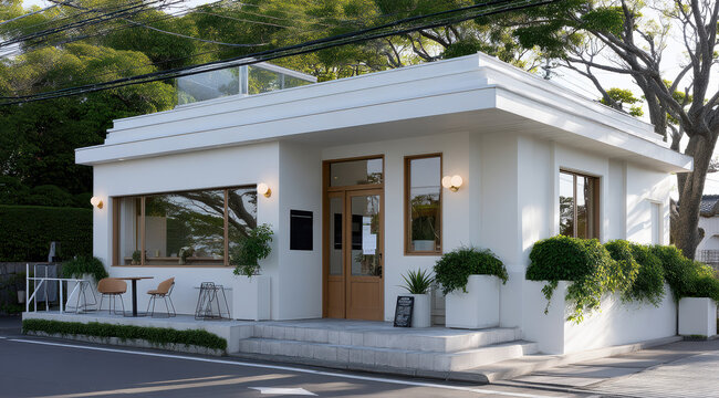 Modern small corner cafe with white exterior, large windows, outdoor seating, lush green plants, and natural light, creating welcoming atmosphere