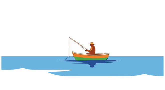 A lone figure in a small boat fishes on a calm blue sea