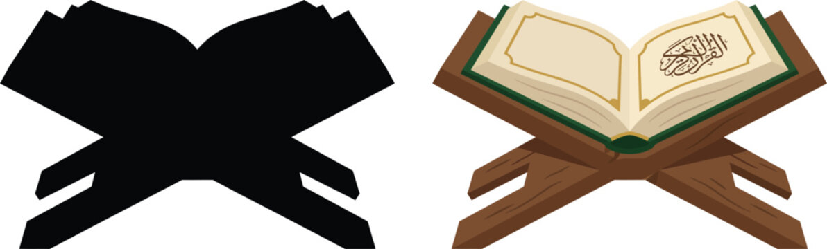 Open Holy Quran on a traditional wooden rehal stand alongside a black silhouette version for Islamic religious faiths and Muslim cultural Ramadan prayer gatherings.