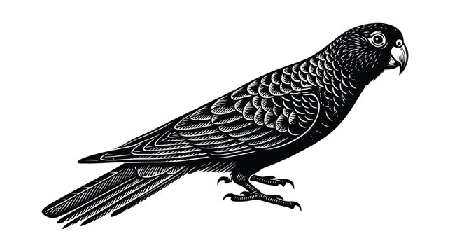 Black and white illustration of a parrot or parakeet, side view