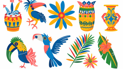 Obraz premium Colorful Tropical Illustration Featuring Exotic Birds, Floral Elements, and Decorative Vases