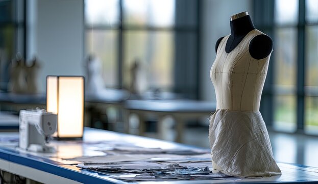 Mannequin with toile on table in bright studio with sewing machine