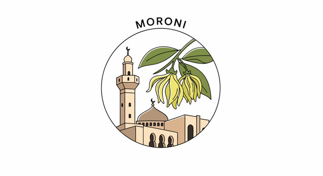 Moroni Symbol with Mosque Illustration and Fruit Branch.