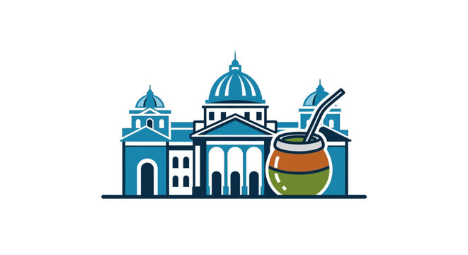 Mate gourd with historic architectural building illustration.