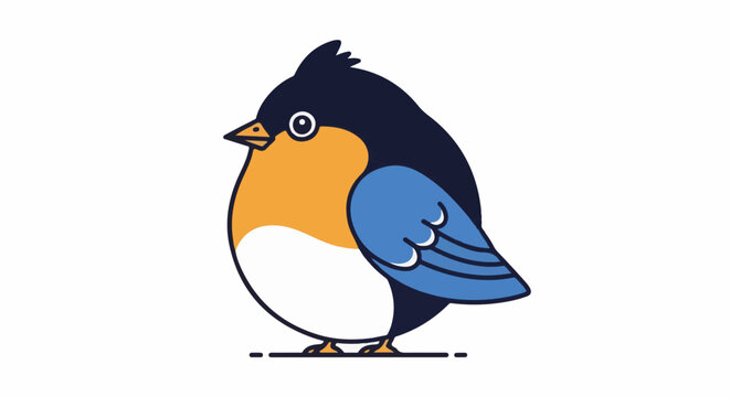 A plump cartoon bird with dark blue head and body, orange breast, and blue wings