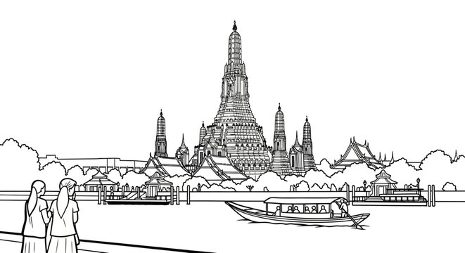 Detailed Illustration of Historic Wat Arun Temple and Riverboat.