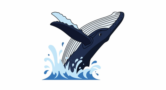 A dark blue whale breaches from blue ocean waves with water splashes