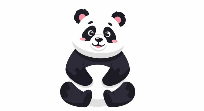 A cute cartoon panda bear with black ears, eye patches, and paws sits happily