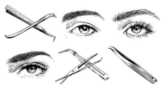Detailed Eyebrow Grooming Illustrations Showcasing Eyebrow Shaping Techniques and Expressions