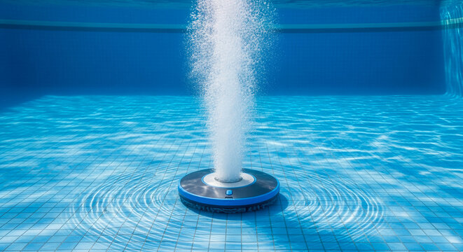 Underwater pool cleaning robot on tiled bottom emitting vertical stream of bubbles, efficient water purification and modern hygiene technology