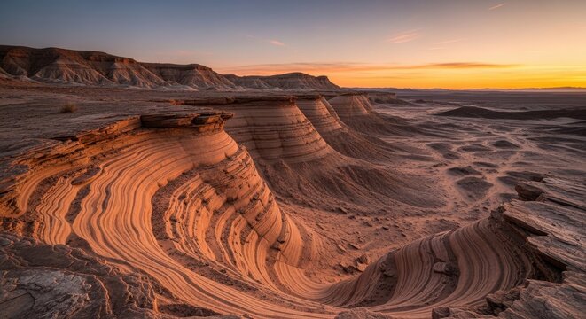 Eroded desert sandstone cliffs with swirling patterns at sunset