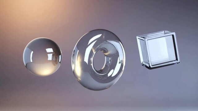Three transparent geometric shapes sphere torus and cube floating in a soft light studio environment
