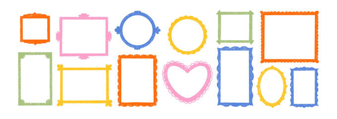 Obraz premium Hand-drawn crayon frame with wavy borders and pastel summer doodles. Whimsical childish design perfect for kids' posters, photos, or decorative frame art projects. Color vector illustration.