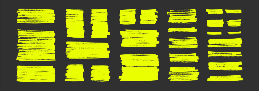 Vibrant highlighter marker strokes with scribble marks and shapes. Vector brush lines, circles, and underlines add energy to notes, labels, and graphic projects. Vector illustration.