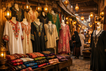 Fototapeta premium Traditional embroidered clothing display in warmly lit vintage market stall at night
