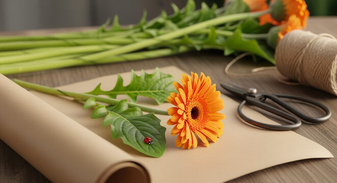Orange gerbera flower and gerbera leaf with ladybug on kraft paper with scissors and twine, floral design workshop and spring nature craft