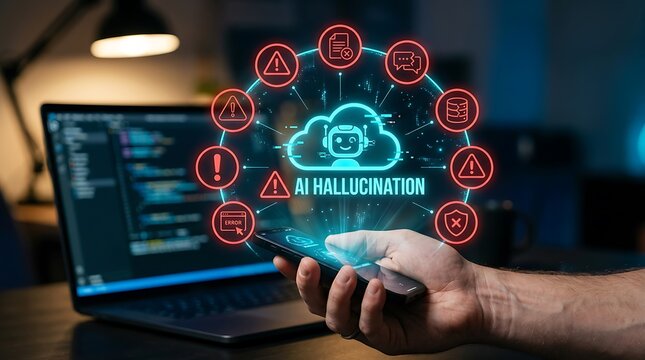 Hand holding smartphone with AI Hallucination digital interface surrounded by warning icons over a blurred background of a laptop with code