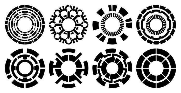 Tech circular interface elements and futuristic HUD icons set in geometric sci-fi style