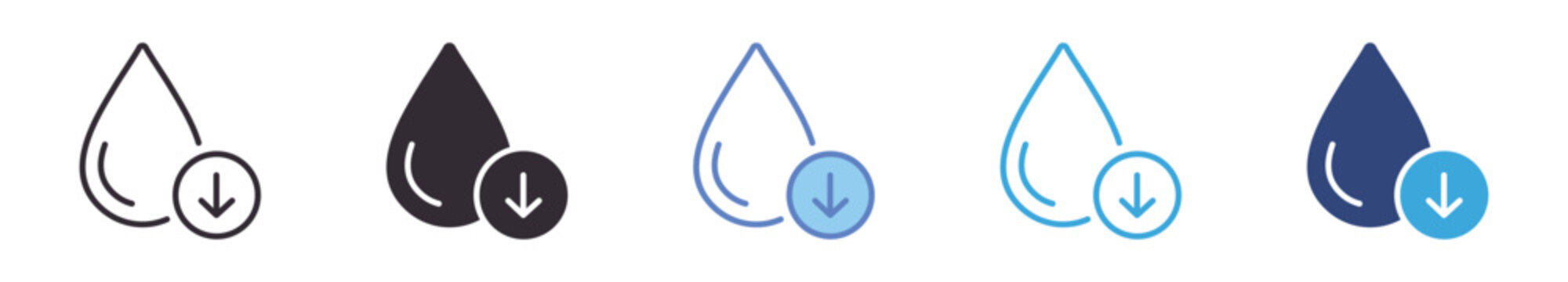 Water Consumption Reduction Icon Set , water drop with down arrow symbol, resource saving, eco-friendly vector icons