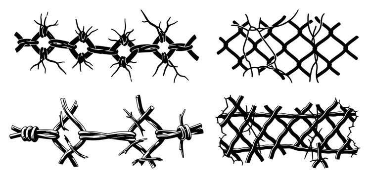 Barbed wire segments and chain link fence borders in hand drawn style