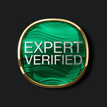 Stylish trust badge with luxury emerald tones and text &ldquo;EXPERT VERIFIED&rdquo;, realistic 3D shadows
