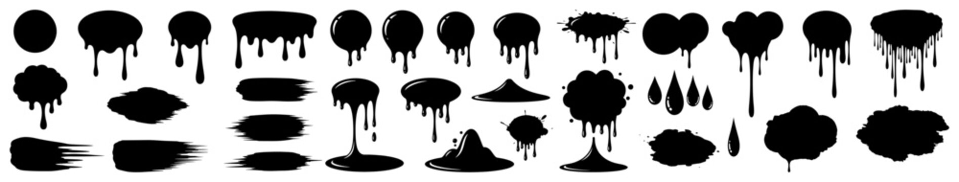 Liquid paint drips and melting ink splash silhouettes set in graphic minimalist style