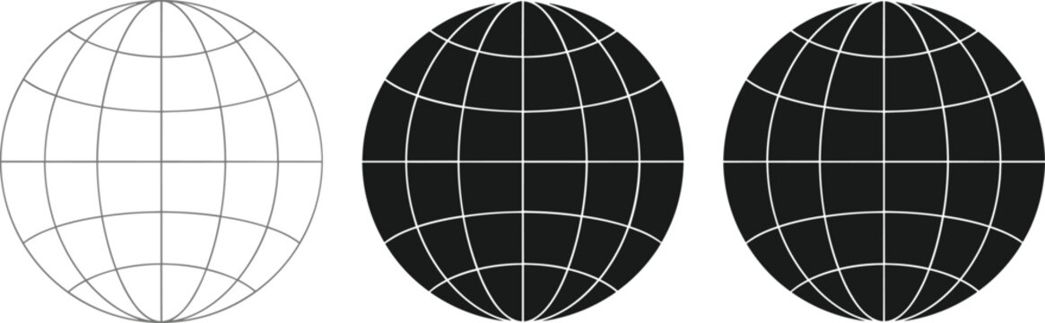 Minimalist globe sphere designs with grid lines in black and white for global concepts, navigation, mapping, and technology themes