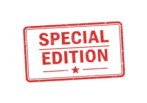 A bold and striking special edition stamp with a vibrant red color and white text. isolated on transparent background