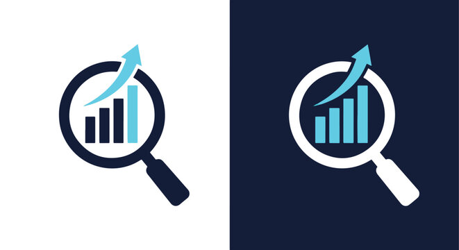 Magnifying glass bar chart vector icon: Icon set - Minimalist, flat icon, outline, glyph, linear, clipart, sticker 