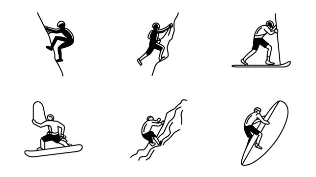Dynamic Action Illustrations of Various Outdoor Sports Including Climbing, Skiing and Surfing