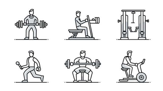 Dynamic Illustrations of Diverse Fitness Activities at the Gym Including Strength Training and