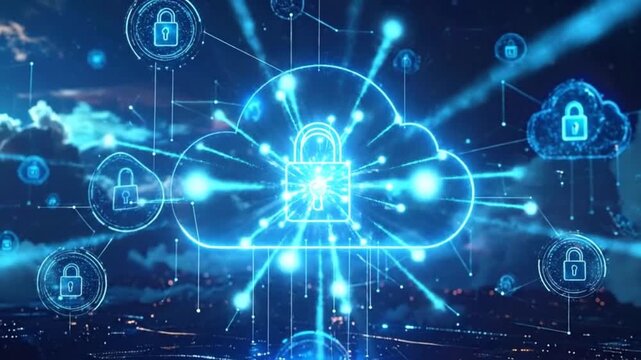 Digital cloud security concept with lock icons and glowing lines in the sky