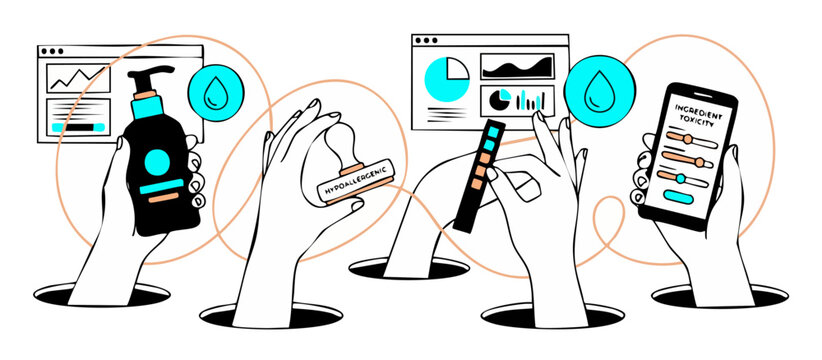 Cosmetic product testing safety analysis concept showing hands evaluating hypoallergenic skincare ingredients, measuring toxicity levels on mobile app, and analyzing chemical formula data charts.