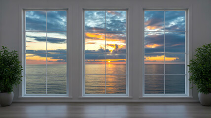Fototapeta premium Sunset ocean view through large windows with potted plants inside