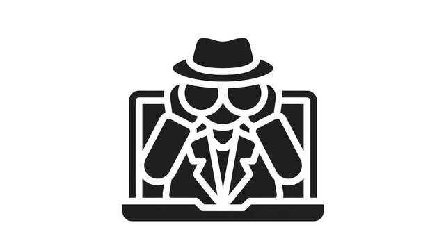 Spyware hacker character holding binoculars pops out from a solid black laptop icon on white.