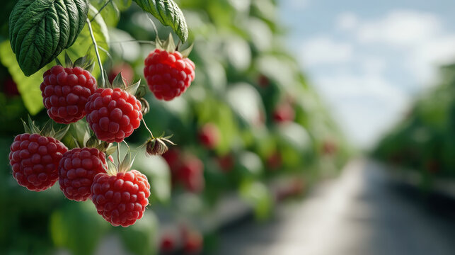 Raspberry fruit ripe red leaf plant agriculture field summer nature fresh raspberry fruit hanging plant sunlit agricultural field vibrant