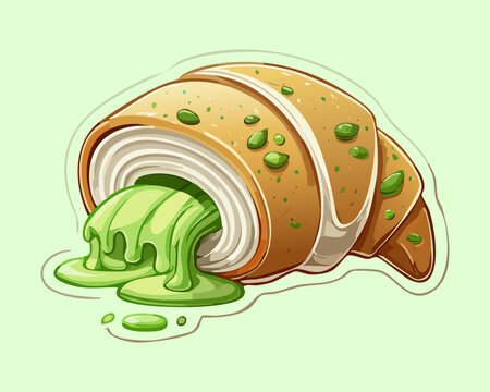 Cute green tea croissant with melting matcha cream filling delicious flaky pastry bakery shop sweet breakfast snack asset - Vector Illustration
