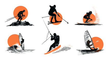 Dynamic Silhouettes of Windsurfers and Kitesurfers in Action Against a Vibrant Sunset Background © AI PIC