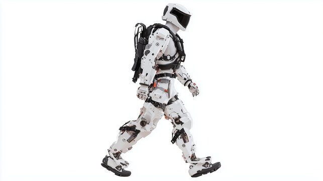 Advanced exoskeleton robotic suit isolated on white background, futuristic human enhancement technology, ultra realistic, no text