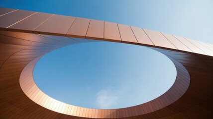 Obraz premium Circular architectural cutout in copper metallic building looking up at blue sky