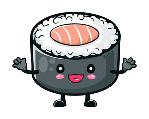 Cute maki sushi roll character with fresh salmon topping and open arms face expression for menu design - Vector Illustration © powdesign