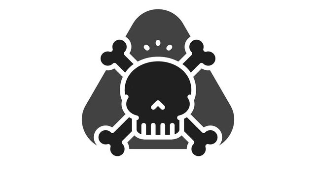 Malware alert symbol flashing a bold skull and crossbones icon on a white backdrop.