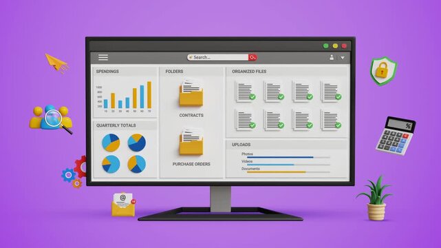 Documentation Workflow. Business Process Management, Digital File System, Team Collaboration, Project Planning, Data Organization. Folders, Document Management Dashboard on Computer Screen. 3D Video