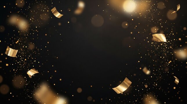 Gold confetti and particles sparkling on dark background celebration festive event abstract background party.