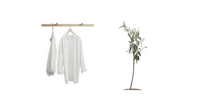 Two white shirts hang on wooden rod next to small olive tree on transparent background