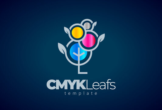Cmyk Logo. Abstract Tree and Leafs Printing theme. Template design vector. Black background