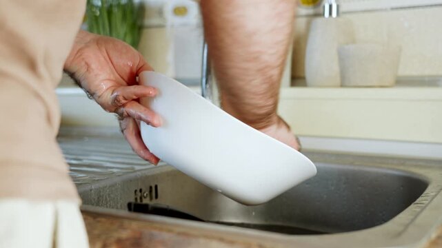 Rinsing white ceramic bowl under running water in a clean kitchen sink